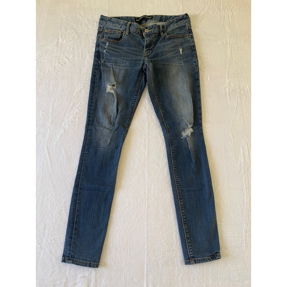 Express Jeans Legging Low Rise Medium Wash Distressed Skinny Denim Blue Size 6